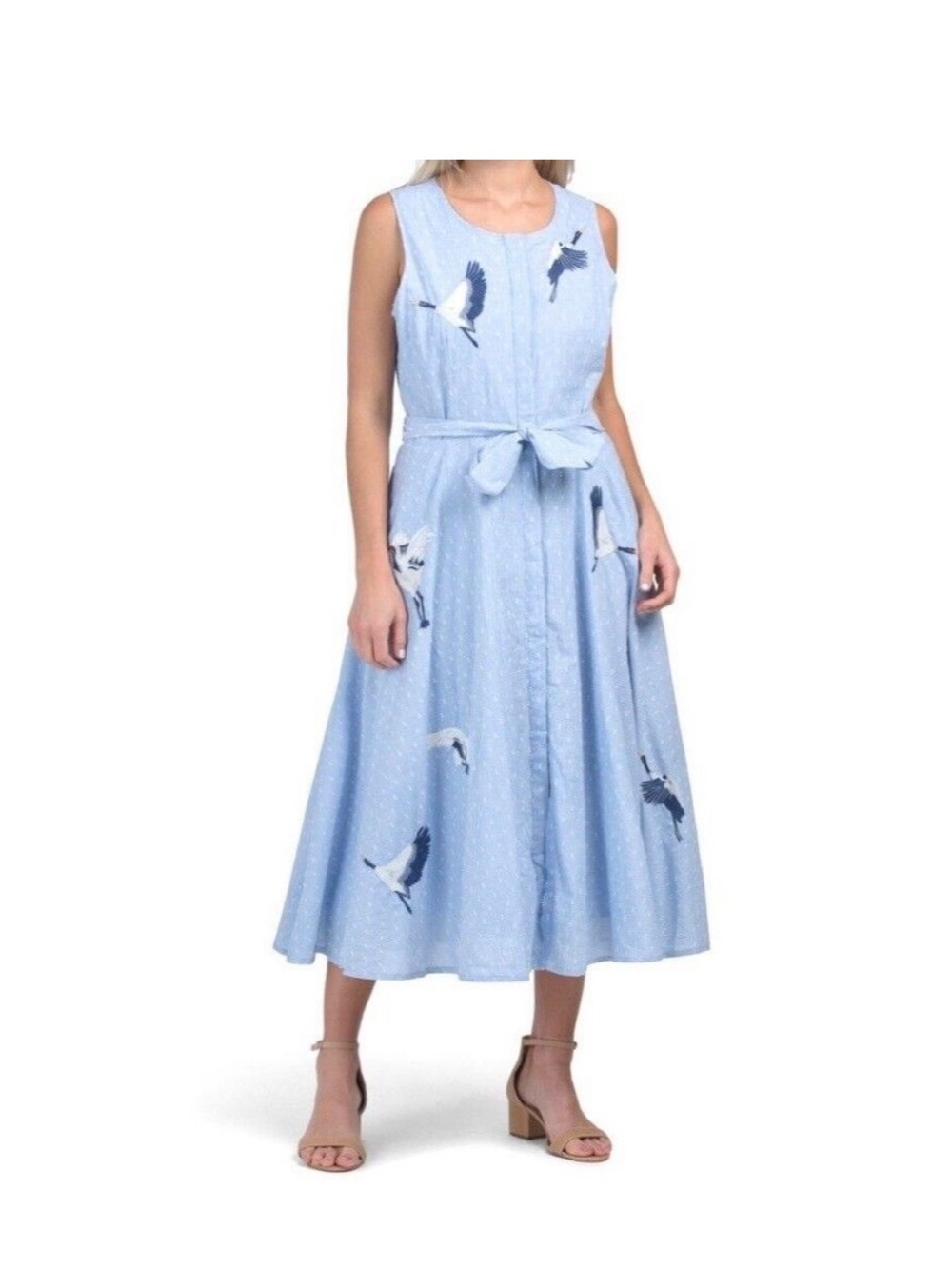 Roller Rabbit Arlow Crane Embroidered Dress Small Blue Swiss Dot